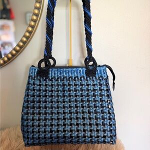 Stylish Blue and Black Woven Handbag